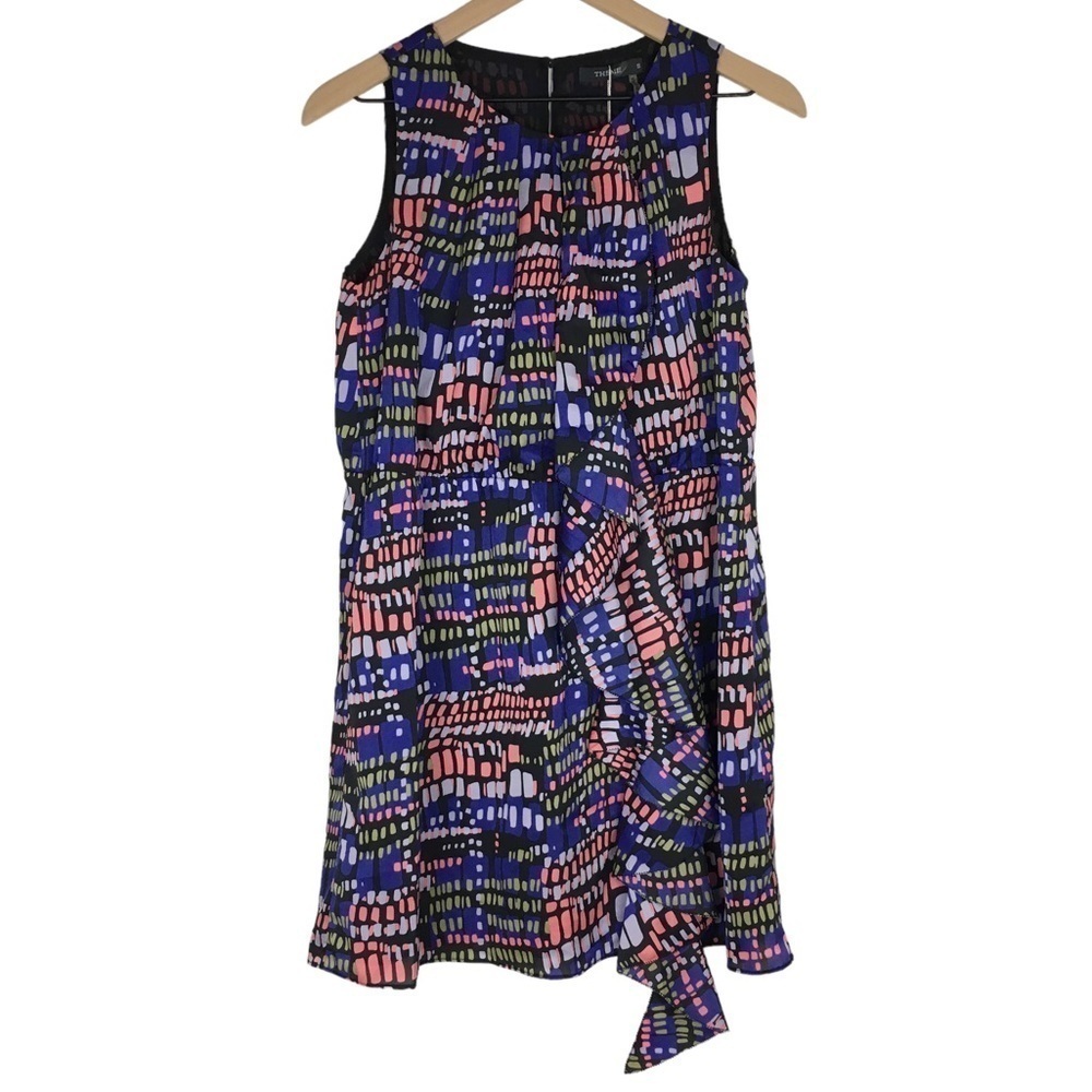 THEME Mini Dress Sheer Flowy Multicolor Geo Mod Print Ruffle Sleeveless Small - Picture 11 of 11
